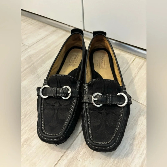 Coach Black Leather Loafer Shoes Size 7 Stacie Signature Logo Driving Moccasin - Picture 1 of 5